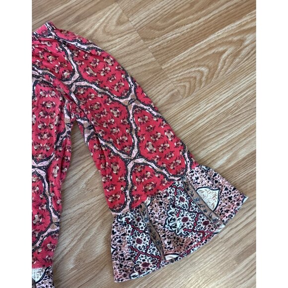 Style & Co Blouse Small Petite Bohemian Floral Bell Sleeve Red Gray Ruffled Boho - Picture 3 of 7